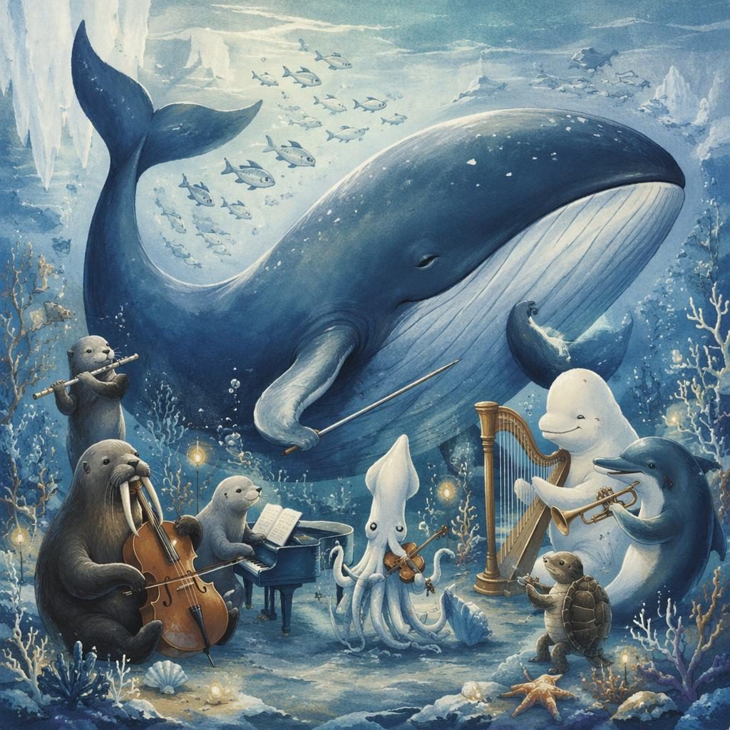 Ilustración infantil vintage de una ballena con amigos del océano en tonos azul hielo y ambiente mágico invernal
