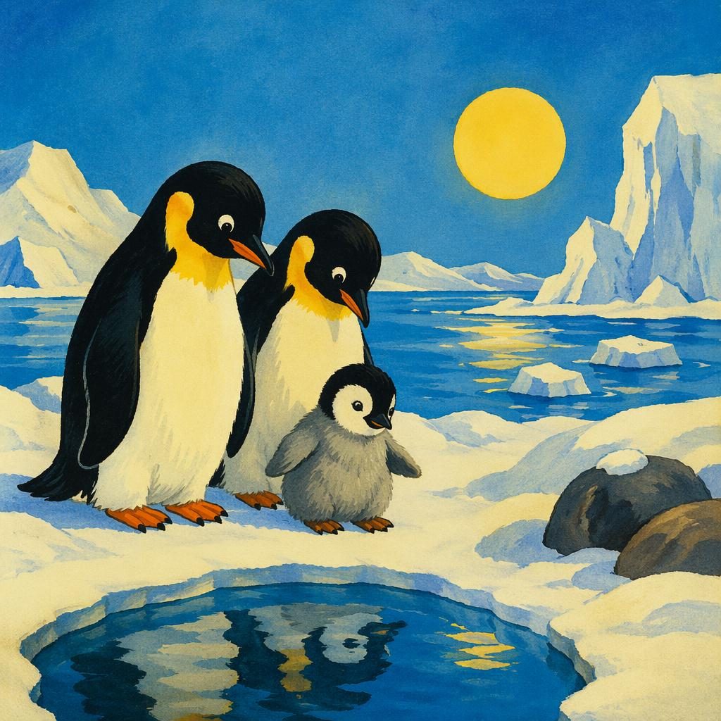 Retro-Kinderbuchillustration mit zwei Pinguinfreunden in Polarlandschaft, helle Primärfarben und ruhige Stimmung