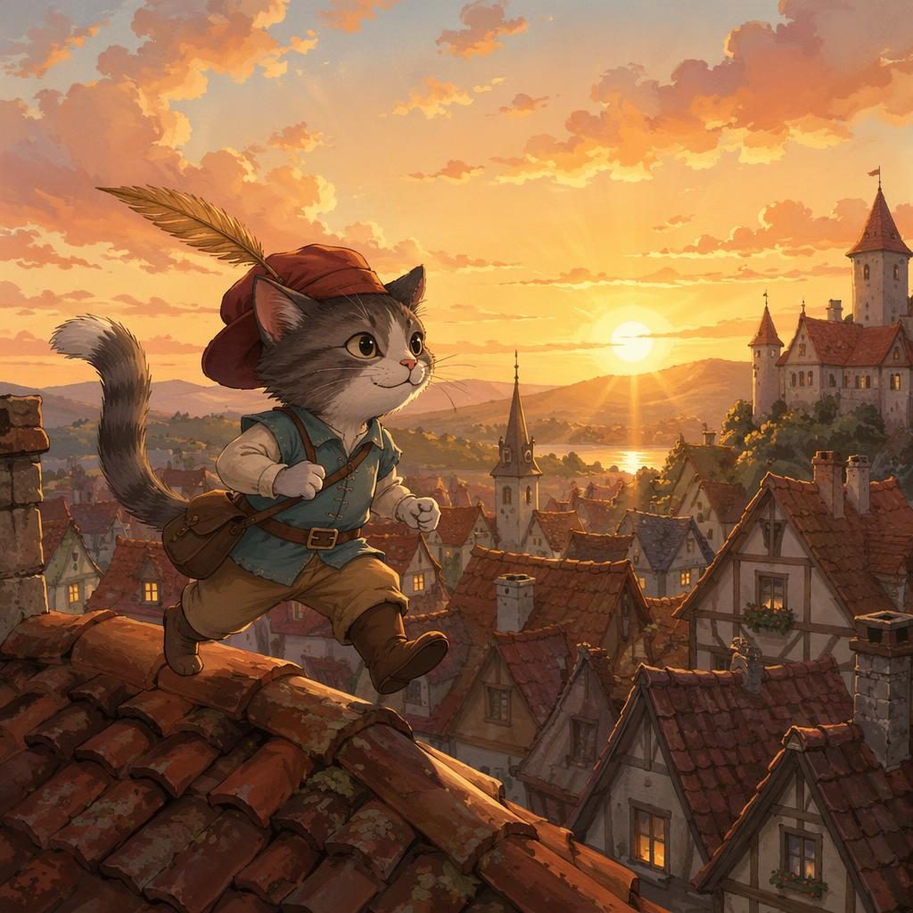 Illustration jeunesse d’un chat bondissant sur les toits au coucher du soleil, ambiance chaleureuse et aventureuse