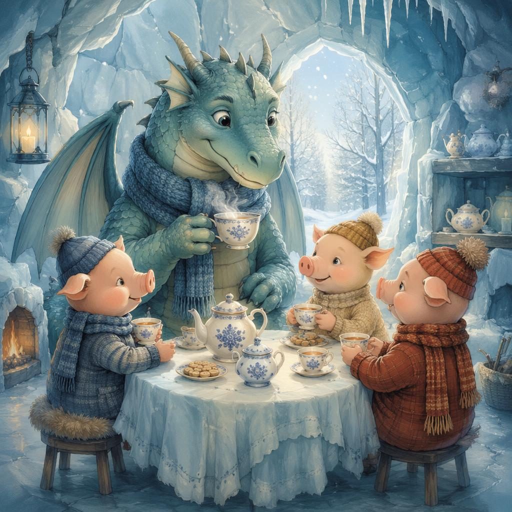 Ilustración infantil de un dragón en una fiesta de té, estilo años 50, tonos azul hielo y luz cálida de cuento