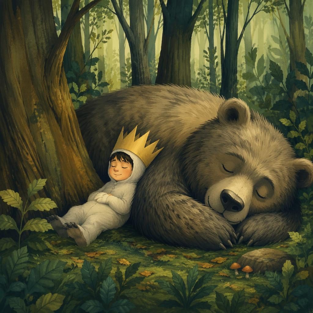 Cute sleepy bear resting in a green forest, digital storybook illustration with warm lighting and an adventurous mood