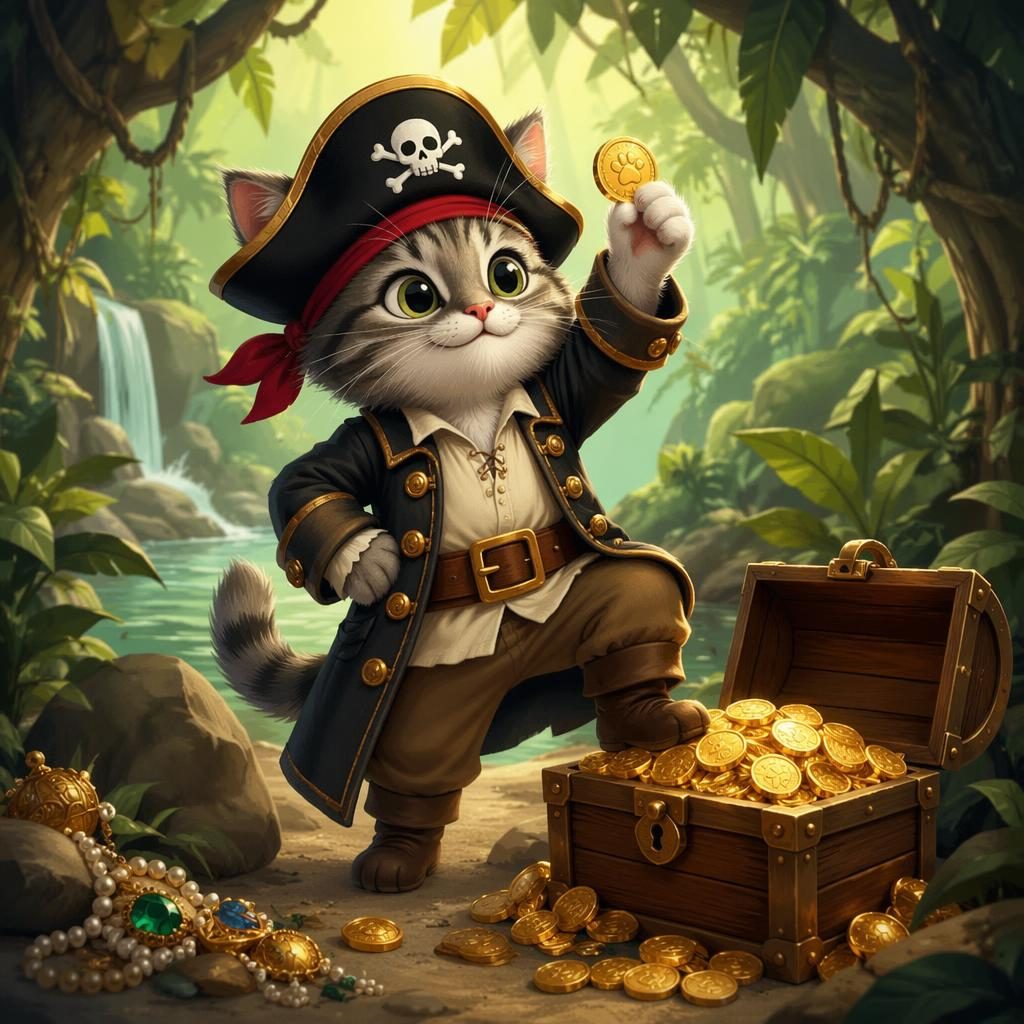 Cute pirate cat with treasure chest in a forest green storybook scene, warm light, playful digital illustration
