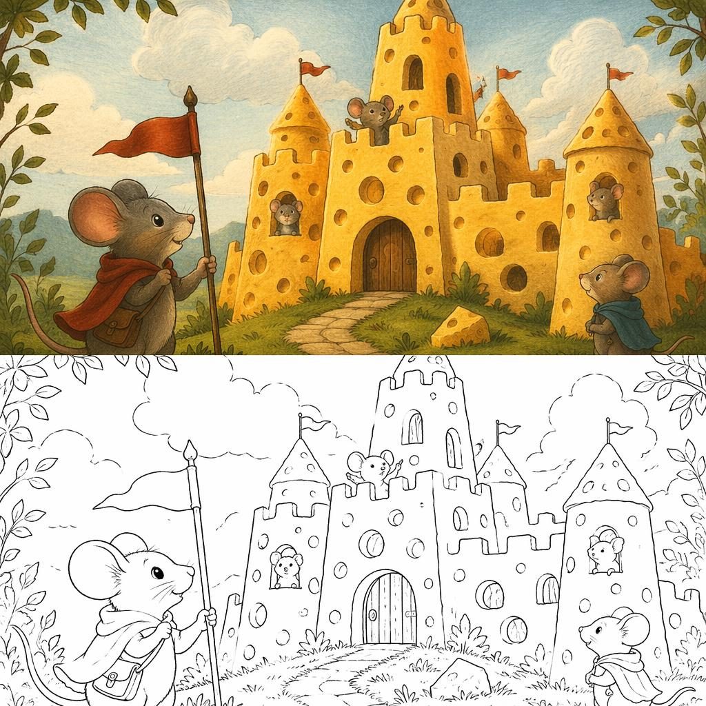 Ilustración infantil de un ratón frente a un castillo de queso, con luz cálida y paleta vintage suave.
