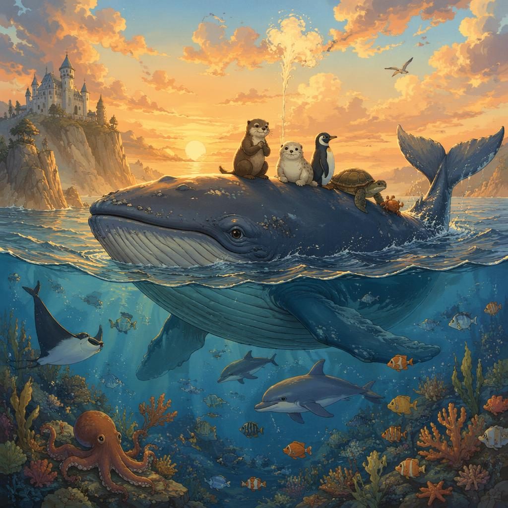Illustration jeunesse montrant une baleine entourée d’amis marins dans l’océan, style japonais chaleureux au coucher du soleil.