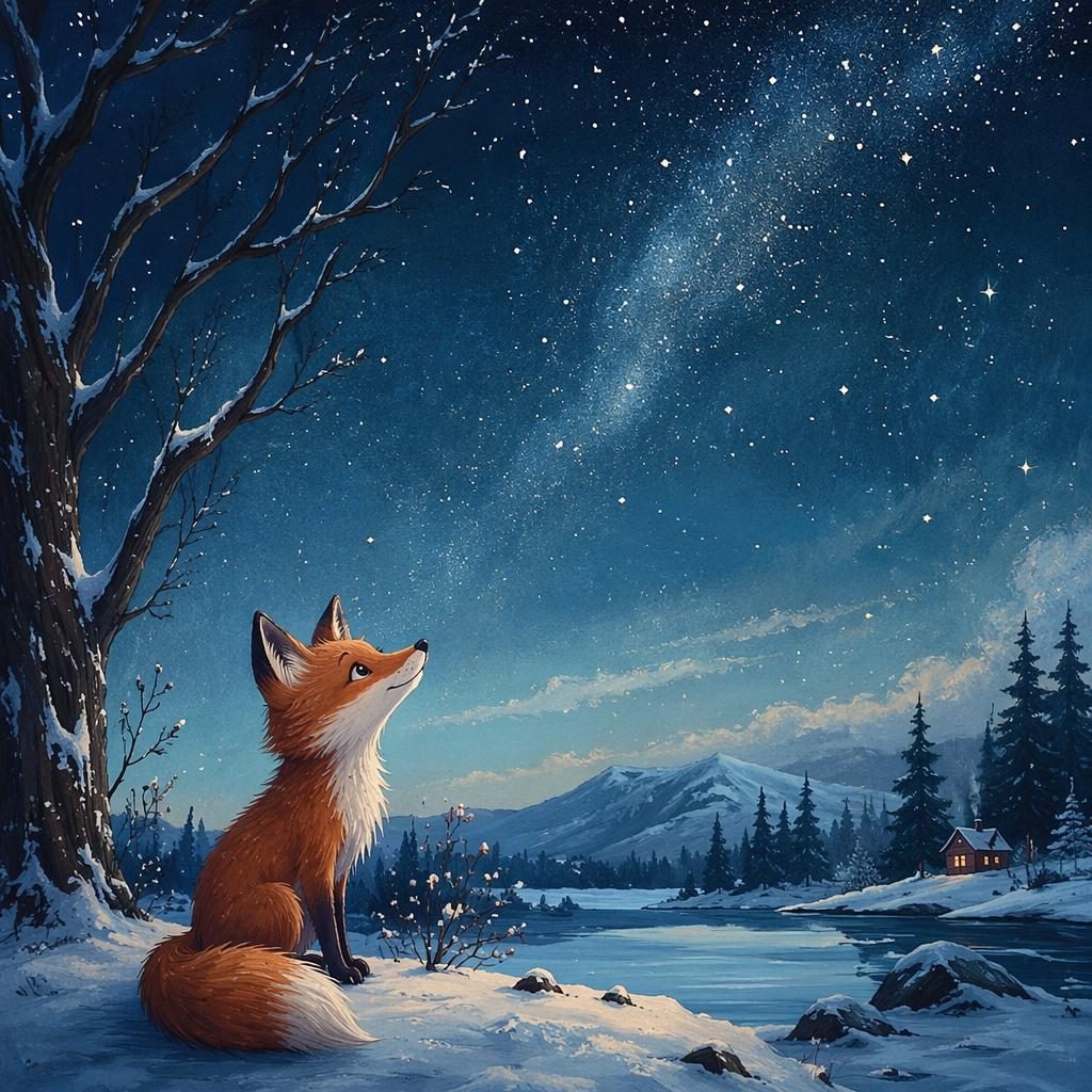 Neugieriger Fuchs unter winterlichem Nachthimmel in Eisblau, im Stil einer Kinderbuchillustration der 1950er