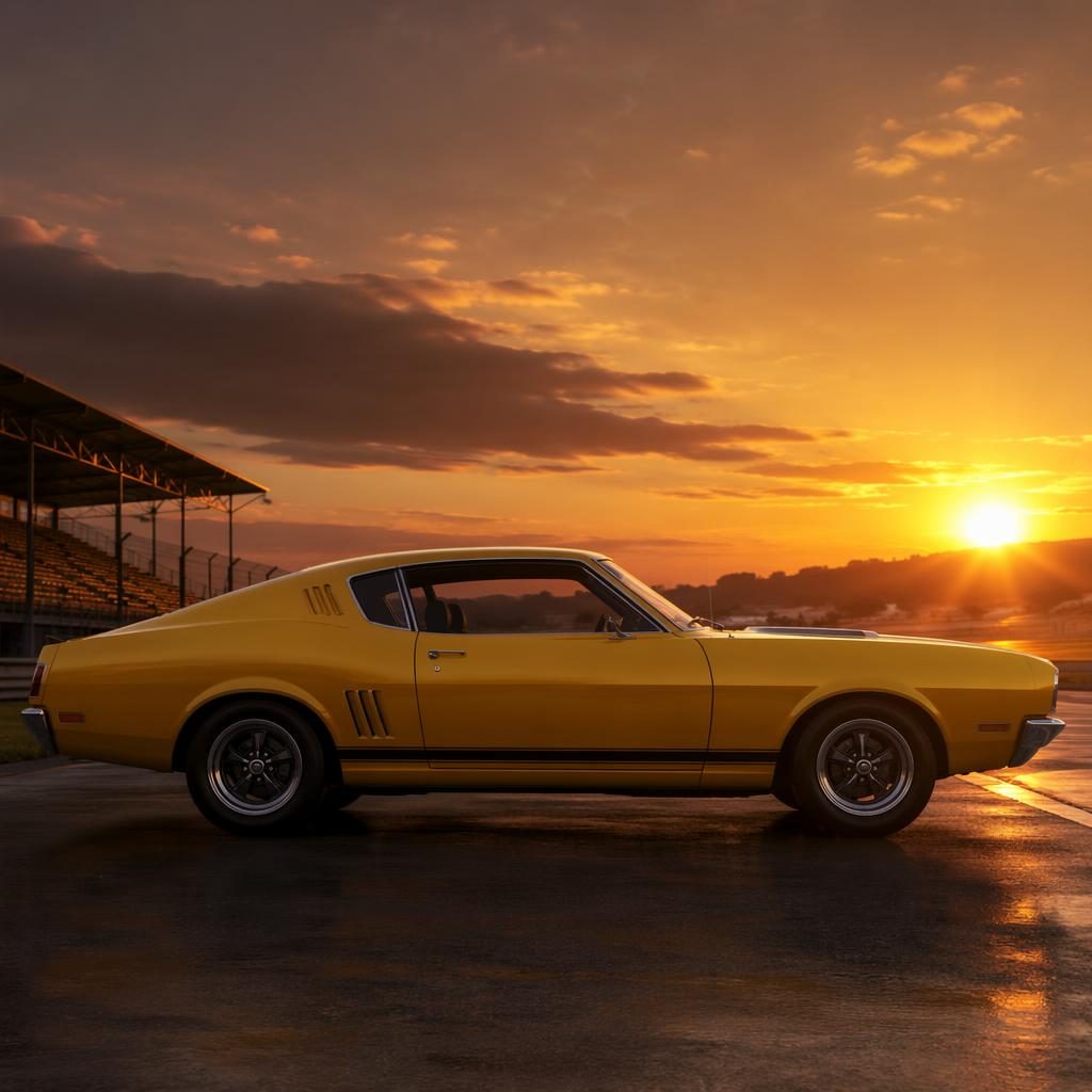 Side profile of a mustard yellow 1960s-style muscle car coupe on a race track at dawn with cinematic lighting