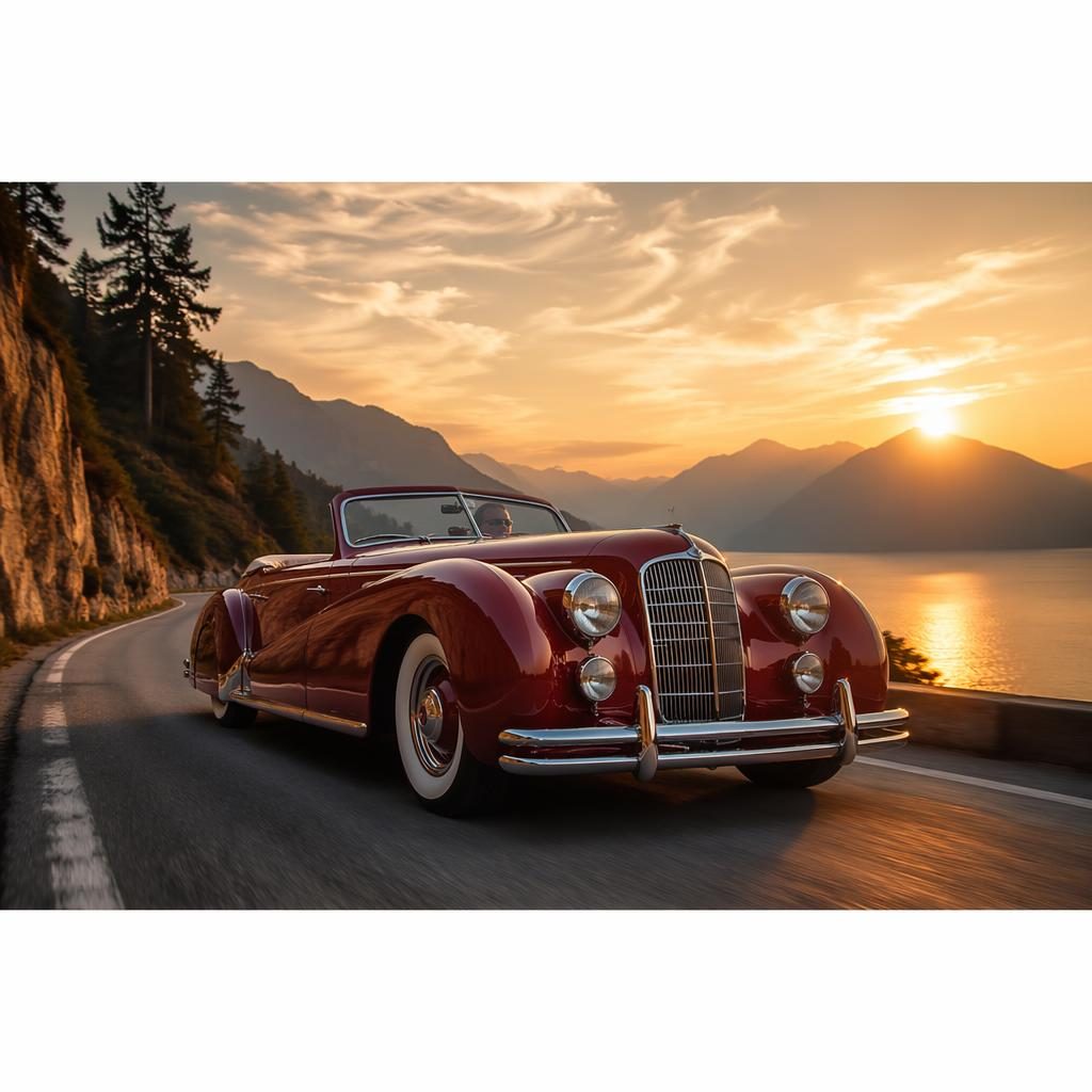 Tiefrotes 70er Cabrio in Dreiviertelansicht auf Bergstraße bei Sonnenuntergang, mit Rallye-Dynamik und Kino-Licht