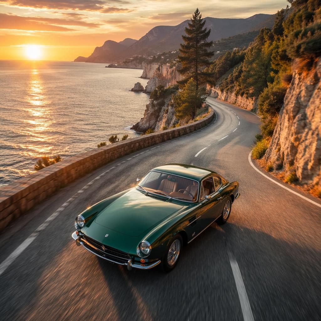 Vue aérienne d’une GT européenne années 60 verte sur une route côtière au coucher du soleil, style photo réaliste