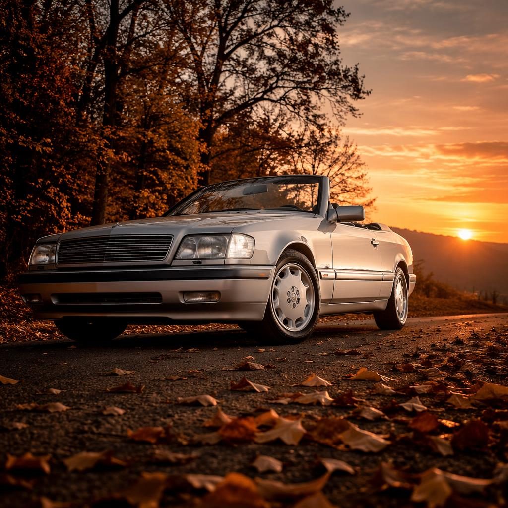 Silbernes Landyacht-Cabrio aus den 2000ern, frontal tief fotografiert, im herbstlichen Wald bei Sonnenuntergang.