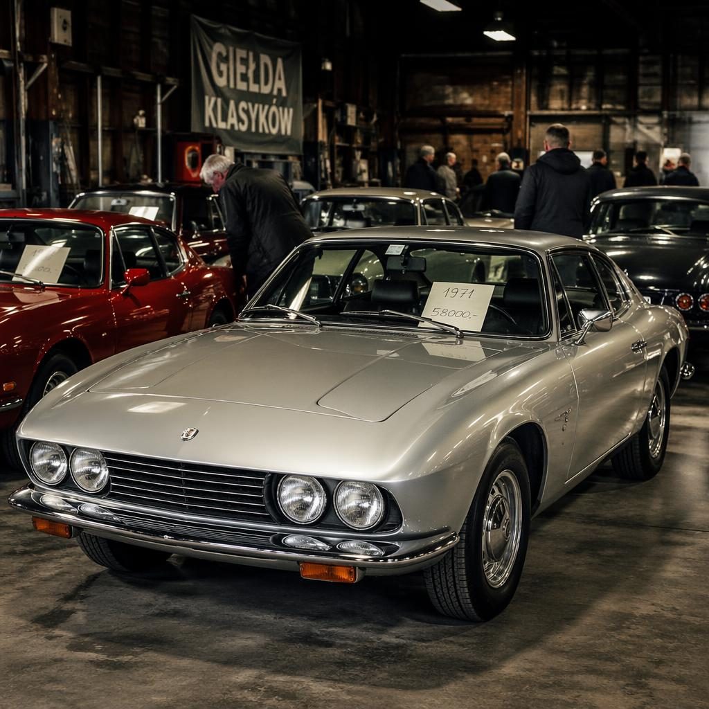 Srebrne sportowe coupe z lat 70. pokazane z przodu pod kątem na giełdzie klasyków w garażu pełnym aut.