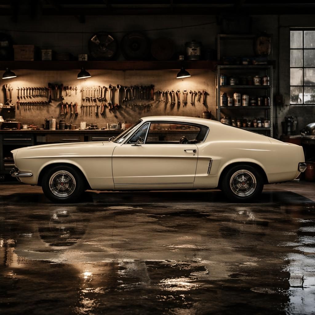 Pearl white 1950s fastback coupe sedan in side profile inside a garage workshop with dramatic cinematic lighting