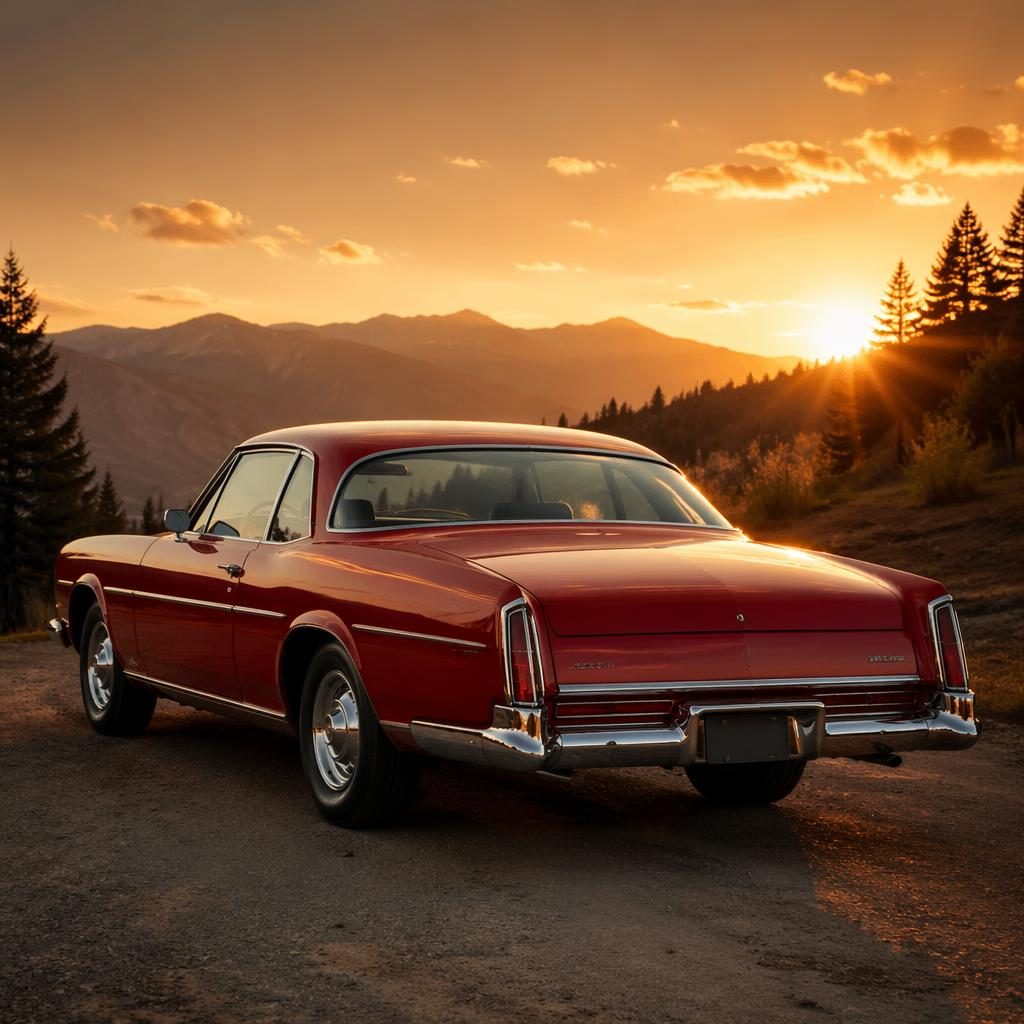 Tiefrotes Fastback-Coupé der 1970er von schräg hinten auf Bergstraße bei Sonnenuntergang, ohne Logos, mit Kino-Licht