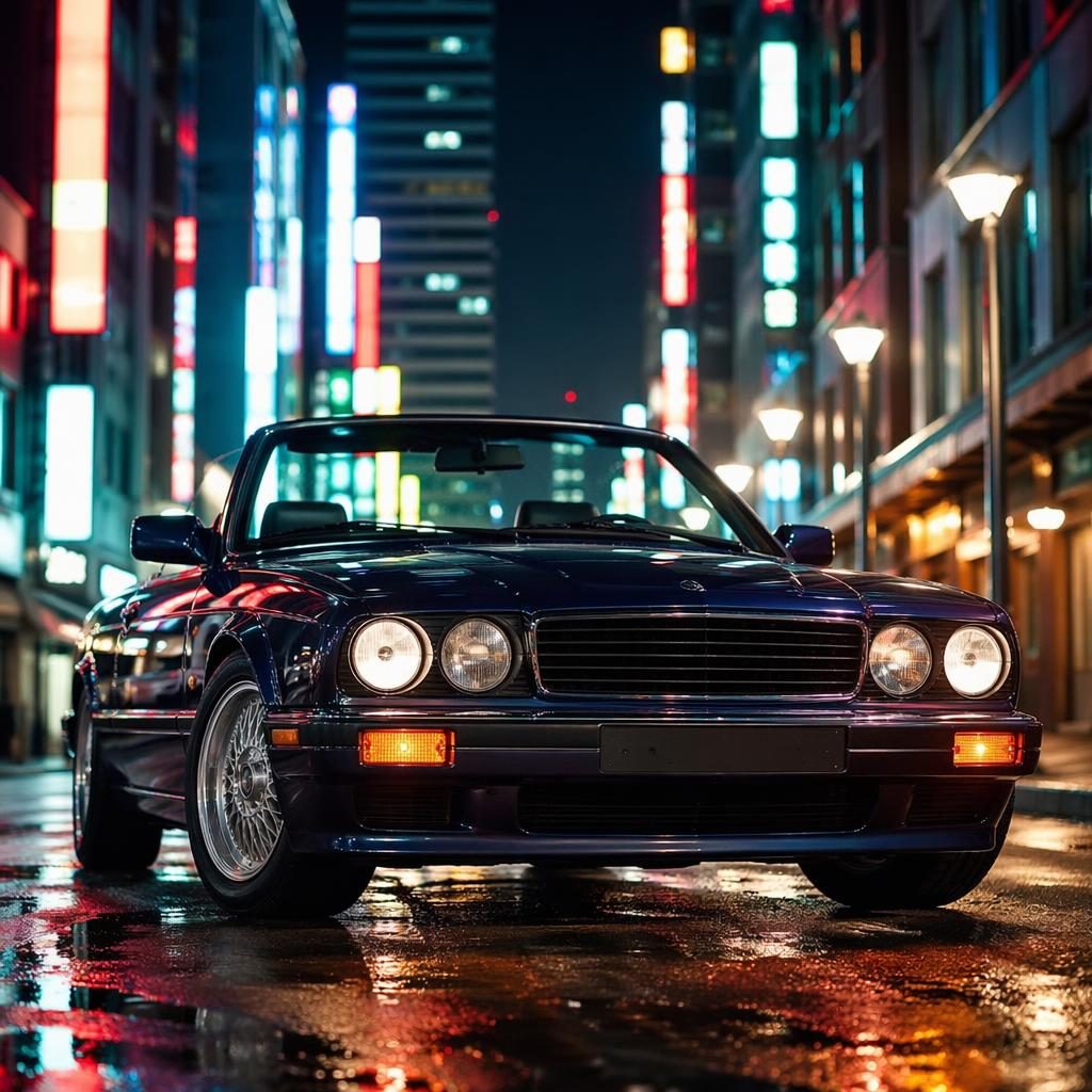Midnight blue 1990s gentlemans cabriolet on a neon-lit urban street, low front view with cinematic reflections