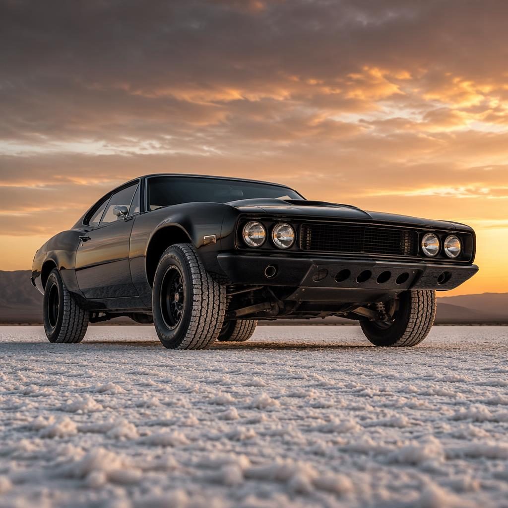 Schwarzes Retro-Futurismus Muscle-Car Coupé auf Salzsee, frontal tief fotografiert, mit dramatischem Licht