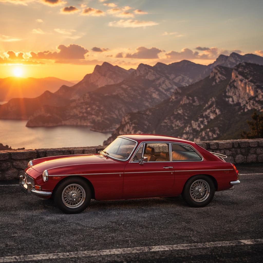 Deep red 1970s-style gentleman's cabriolet in side profile on a mountain road at sunset with cinematic lighting