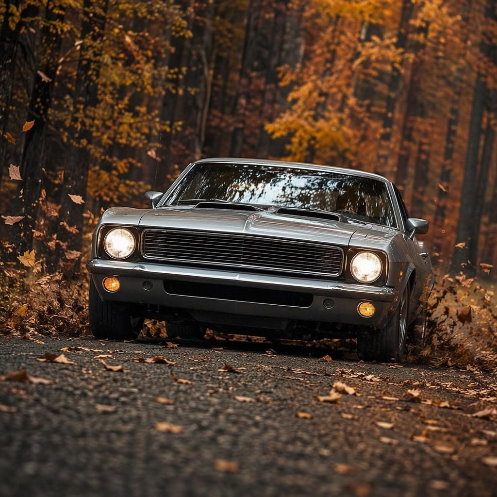 Silbernes Muscle-Car-Coupé der 2000er in Rallye-Action auf Waldweg, tiefe Frontperspektive, Herbstwald, cineastisches Licht