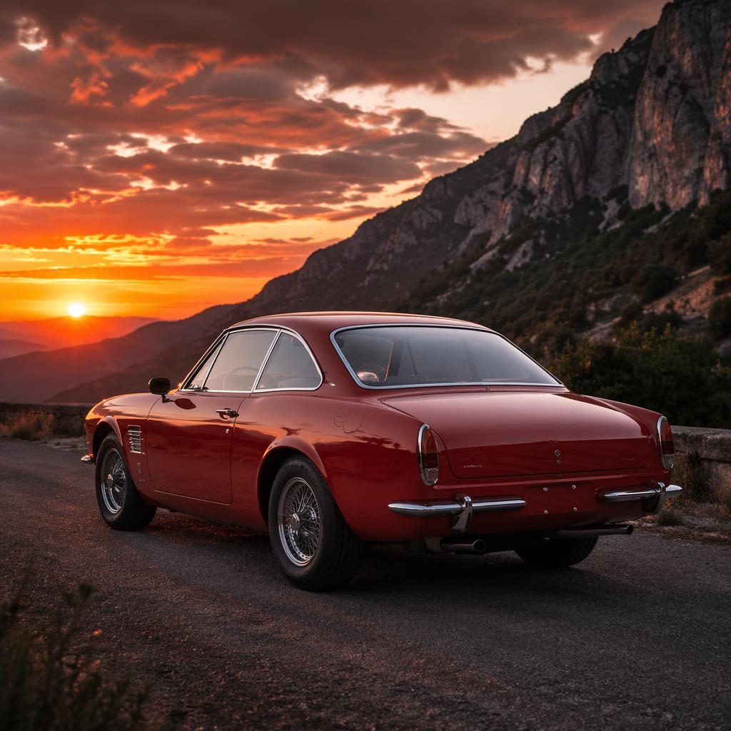 Deep red vintage European grand tourer on a mountain road at sunset, shown from the rear three-quarter angle.
