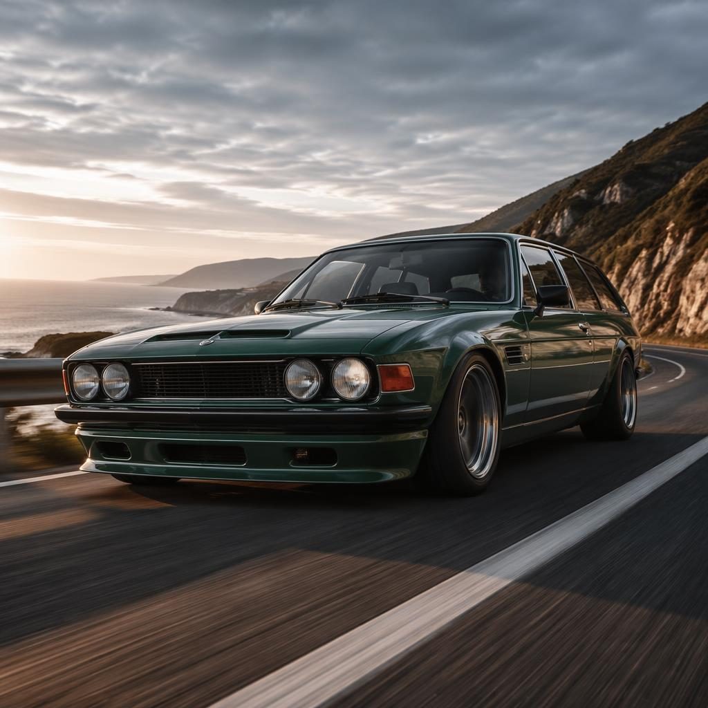 Zelený sportovní shooting brake z 80. let v rally jízdě na pobřežní silnici, nízký záběr, filmové světlo.