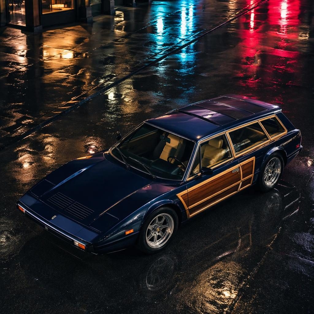 Aerial view of a midnight blue wood-paneled wagon on a neon-lit urban street with cinematic reflections and lighting.