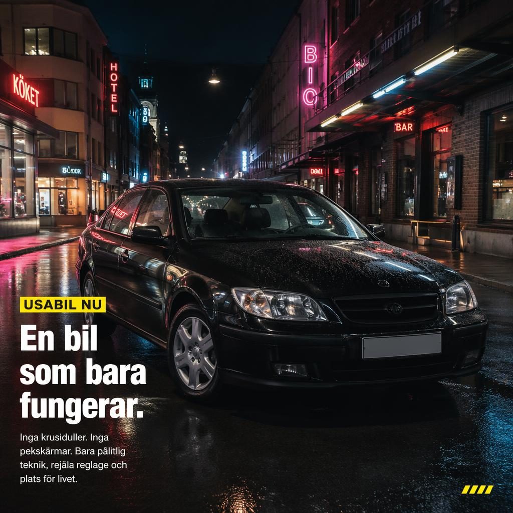Svart 2000-talssedan sedd framifrån i trekvartsvinkel, parkerad på en urban neonbelyst gata i realistisk stil.