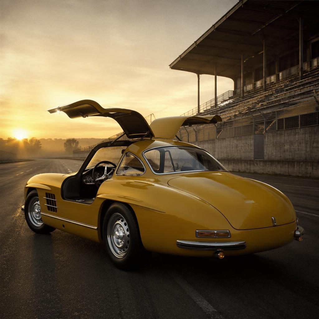 Roadster papillon jaune moutarde style années 1960, vue arrière trois quarts, sur circuit à l’aube, rendu showroom réaliste