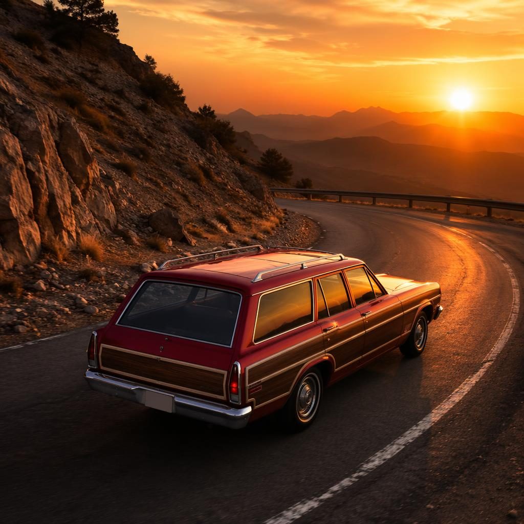 Aerial view of a deep red 1970s wood-paneled wagon on a mountain road at sunset with cinematic lighting