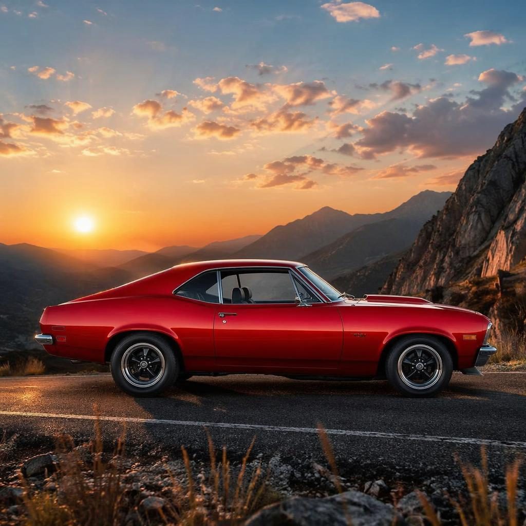 Tiefrotes Muscle-Car Coupé der 1970er in Seitenansicht auf einer Bergstraße bei Sonnenuntergang, fotorealistischer Render