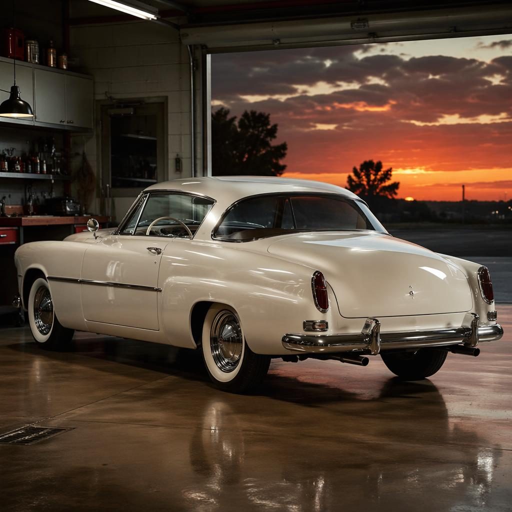 Pearl white 1950s American-style sedan shown from the rear three-quarter view in a garage workshop at sunset.