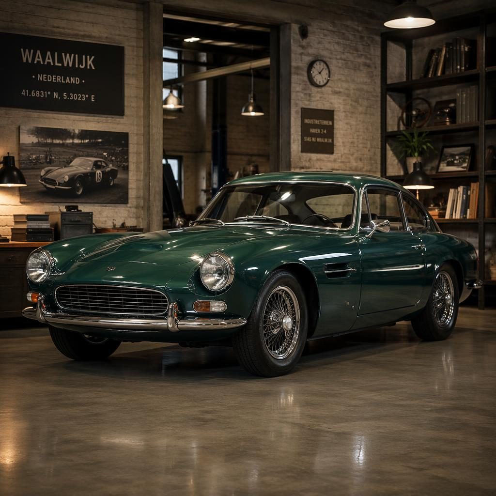 Fotorealistische 1960s sportcoupé in racing green in een verfijnde garage in Waalwijk, driekwart vooraanzicht.