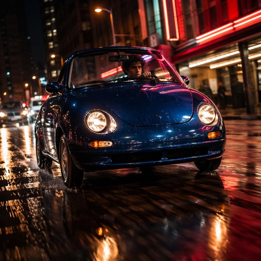 Mitternachtsblaues 90er Cabrio aus tiefer Frontperspektive auf urbaner Neonstraße, mit Rallye-Action und Spiegelungen