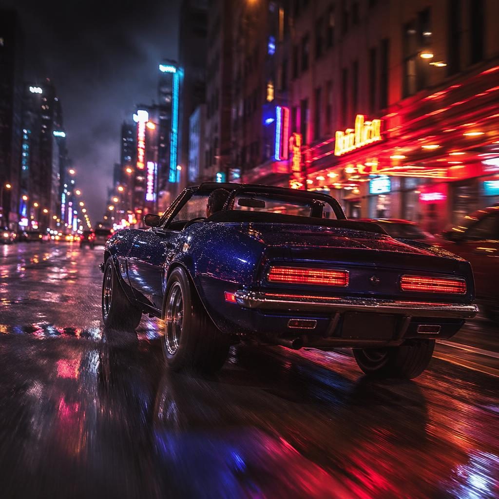 Midnight blue 1990s-style roadster spider seen from the rear on a neon-lit urban street with rally motion blur.