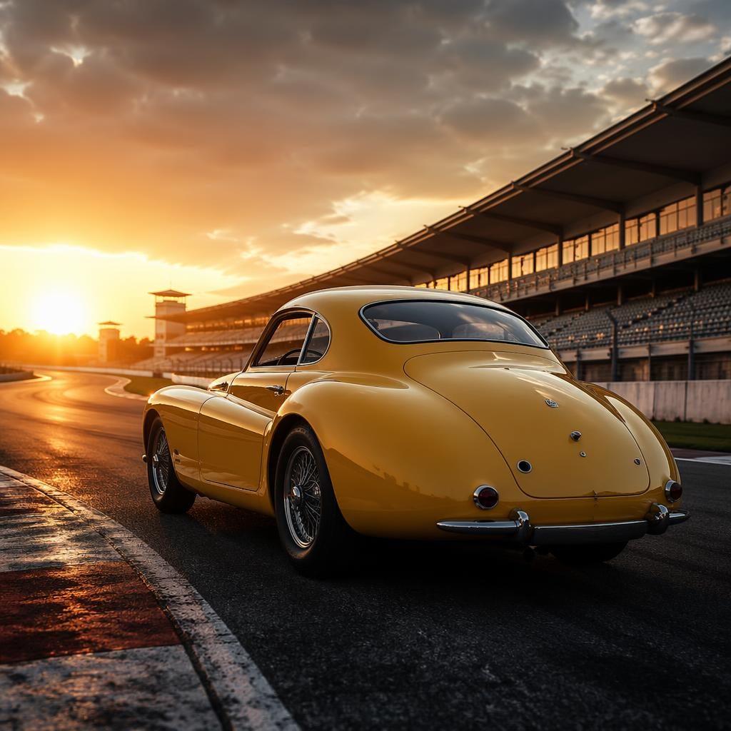 Pre-war touring car in mustard yellow, shown from the rear three-quarter view on a race track at dawn