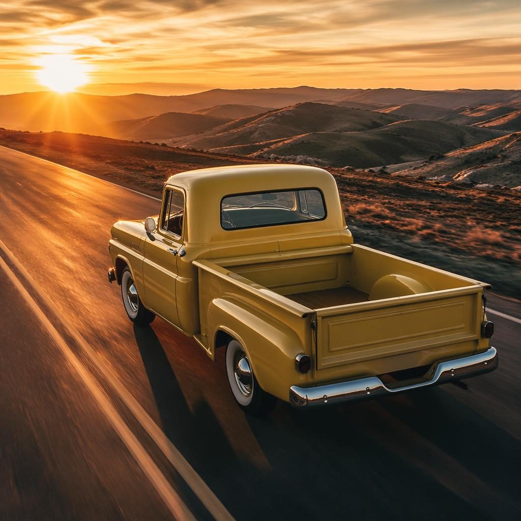 Mustardgelber 60er Pickup aus der Vogelperspektive auf einer Rennstrecke bei Sonnenaufgang, ohne Logos