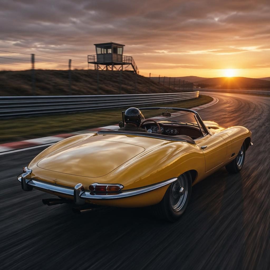 Mustard yellow 1960s gullwing roadster convertible from rear three-quarter view racing at dawn on a track