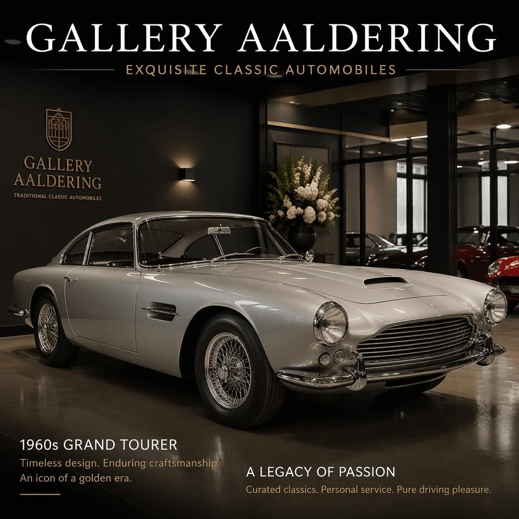Zilveren grand tourer uit de jaren 60 in driekwart vooraanzicht in de elegante showroom van Gallery Aaldering.