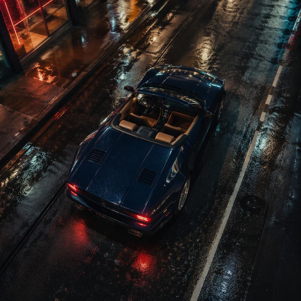 Mitternachtsblaues 90er-Cabriolet aus der Vogelperspektive auf neonbeleuchteter Stadtstraße, cineastisch inszeniert
