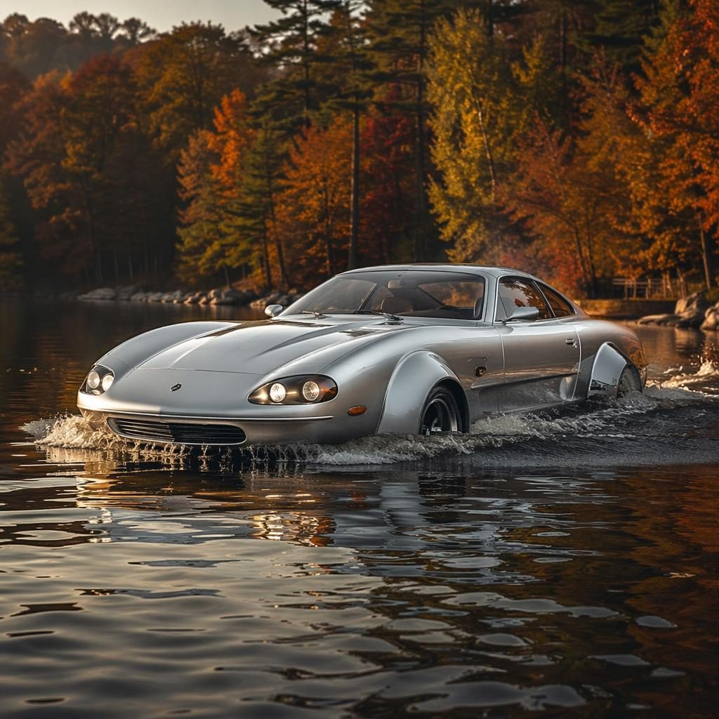Silver 2000s-style amphibious grand tourer, front three-quarter view, in an autumn forest with cinematic lighting