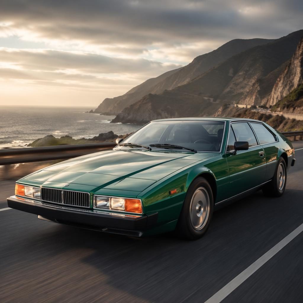 Racing green 1980s-inspired art deco luxury saloon on a coastal highway, three-quarter front view, cinematic light