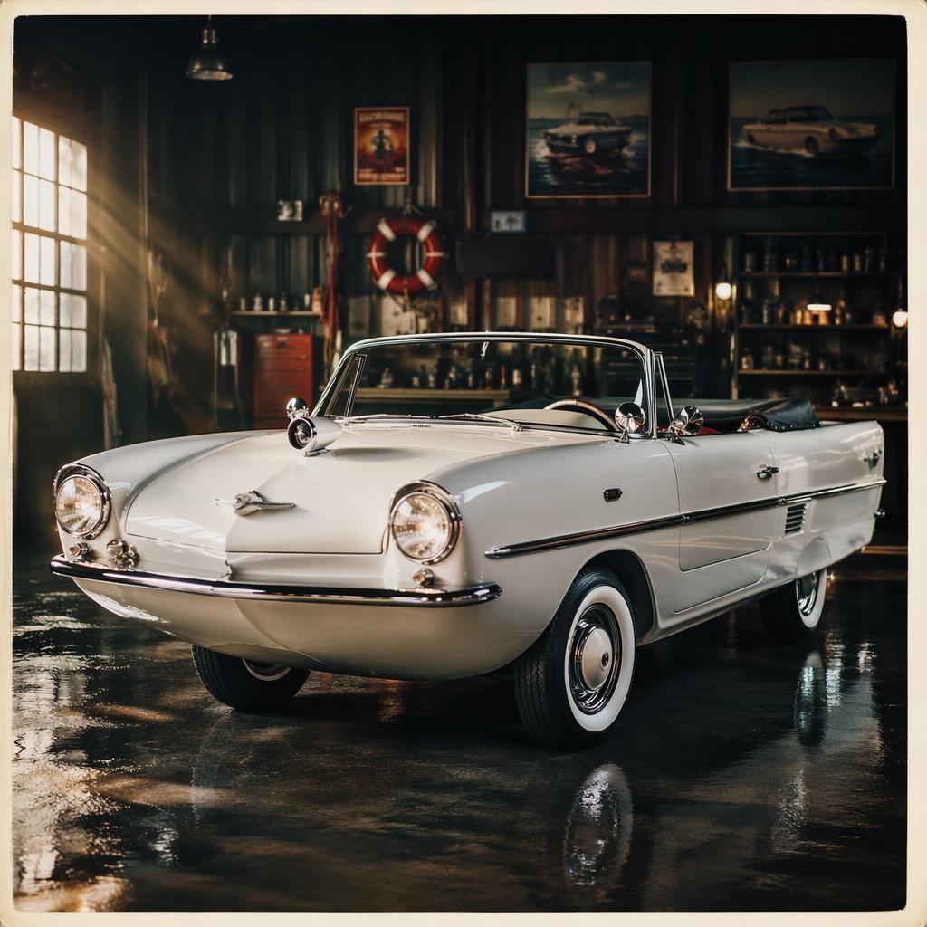 Pearl white 1950s-style amphibious convertible in a garage workshop, three-quarter front view with cinematic lighting