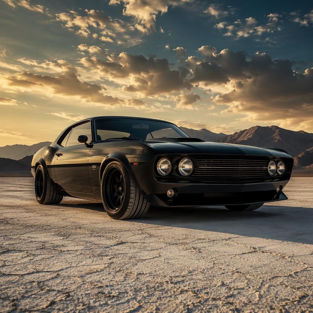 Black retro-futurism muscle car coupe on desert salt flats, low front view, dramatic lighting, glossy reflections
