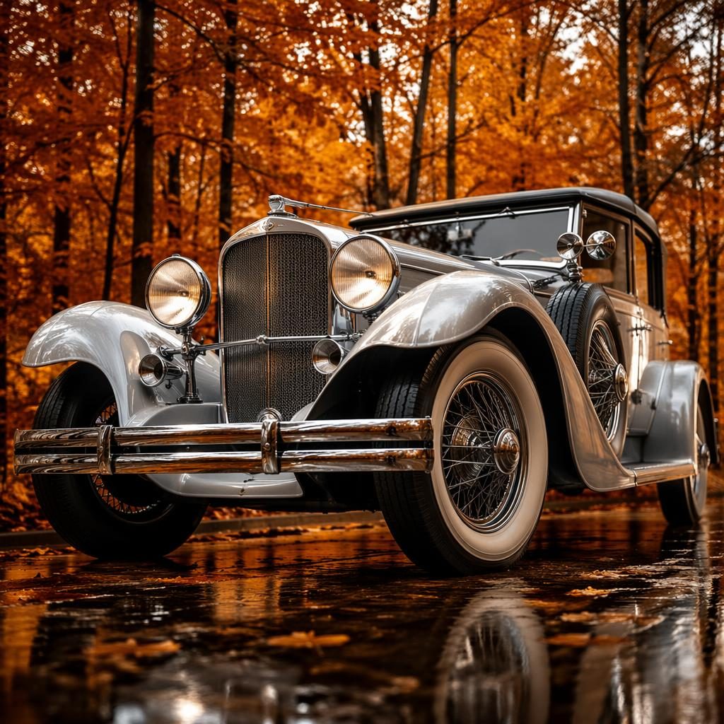 Silver pre-war touring car seen from a low front angle in an autumn forest with dramatic cinematic lighting