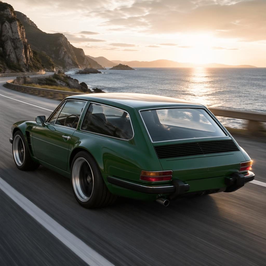 Racing green 1980s shooting brake muscle car from rear three-quarter view on a coastal highway in rally action