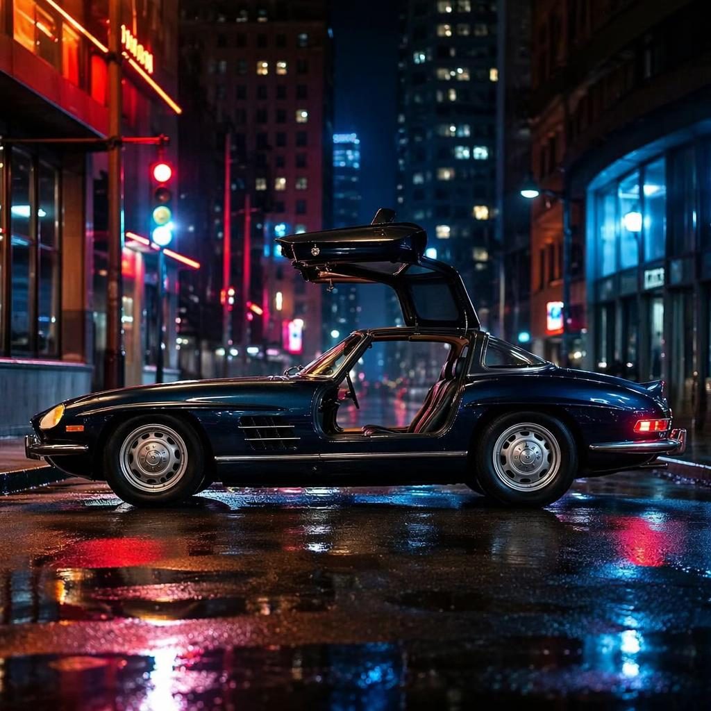 Mitternachtsblauer Gullwing-Roadster der 90er im Seitenprofil auf neonbeleuchteter Stadtstraße bei Nacht