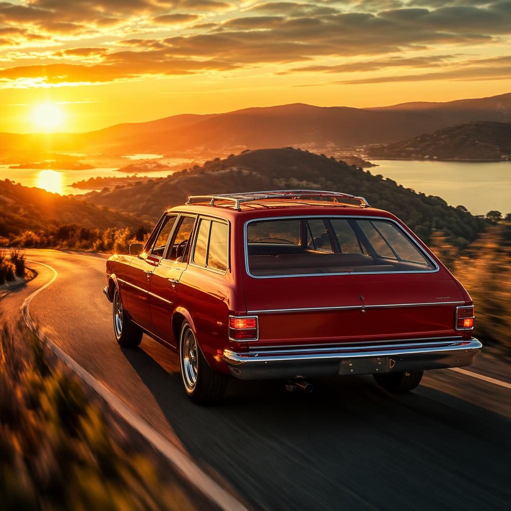 Deep red 1970s station wagon on a mountain road at sunset, rear three-quarter view, rally motion, cinematic light