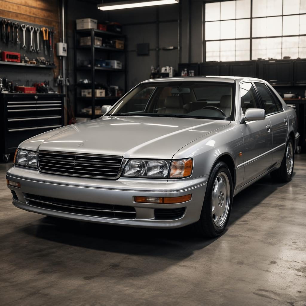 Srebrny luksusowy sedan inspirowany Lexusem z lat 90., ujęcie przód 3/4, w garażu warsztatowym.