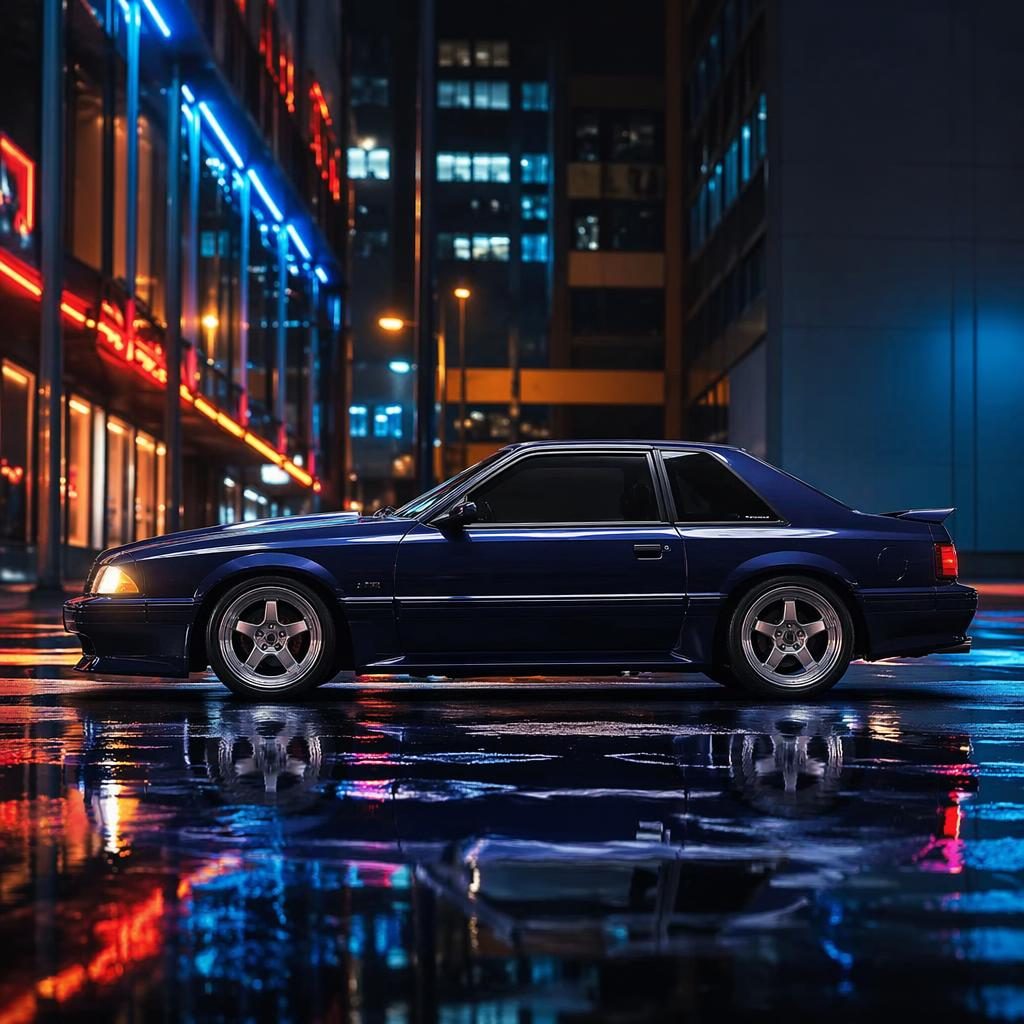 Ultra-realistic side view of a midnight blue 1990s-style muscle car coupe on a neon-lit urban street at night