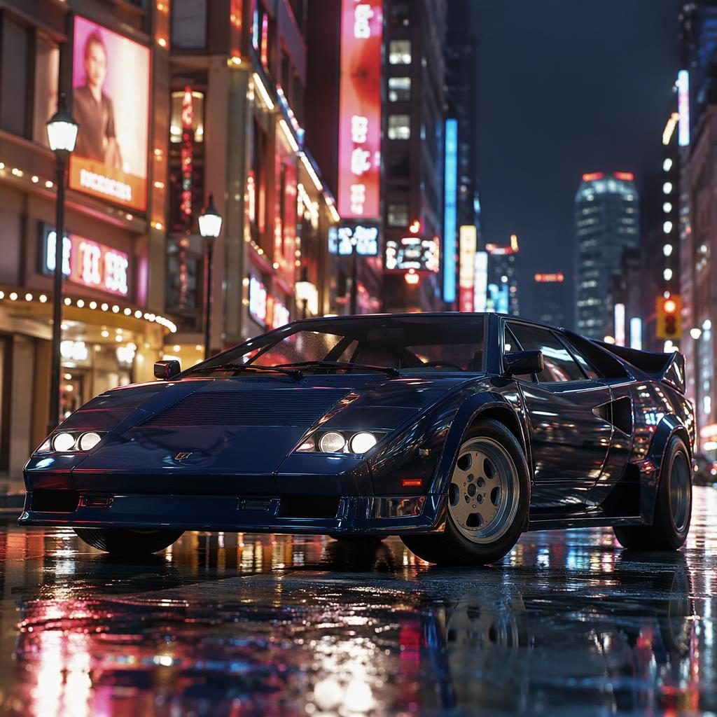 Midnight blue 1990s rally homologation hatchback on a neon-lit city street, shot low with cinematic reflections