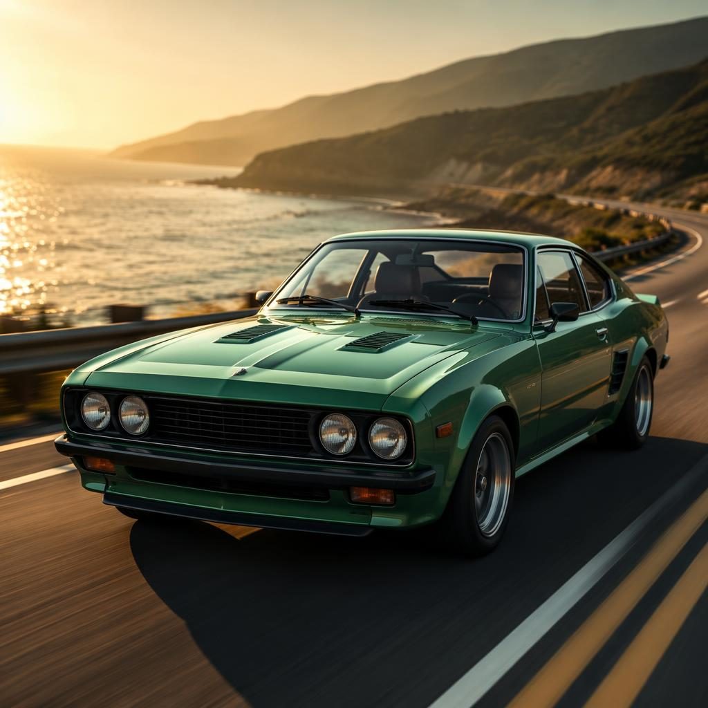 1980s racing green fastback rally coupe shown from the front three-quarter view on a coastal highway showroom-style render