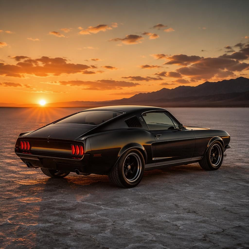 Black retro-futurist muscle car coupe on desert salt flats at sunset, three-quarter rear view with cinematic reflections.