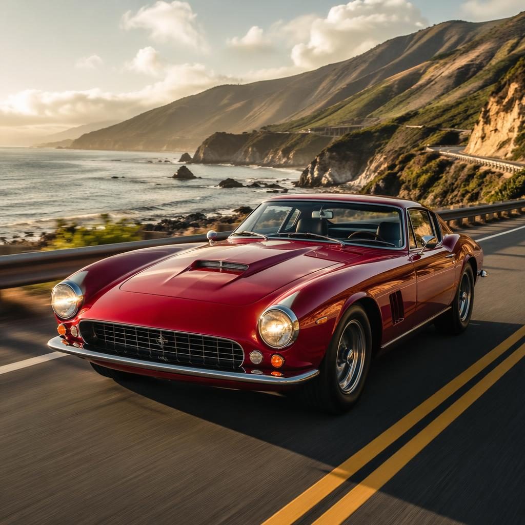 Photorealistic 1960s deep red sports coupe on a coastal highway, three-quarter front view, cinematic poster style
